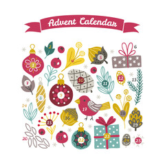 Christmas Advent Calendar with baubles, bird, berry, gift, hazelnut, cone