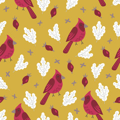 Christmas seamless pattern with bird, briar and fir branch