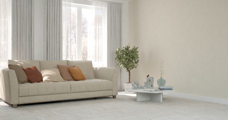 Stylish room in white color with sofa. Scandinavian interior design. 3D illustration