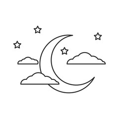 Night sky line illustration. Moon, starts and clouds. 