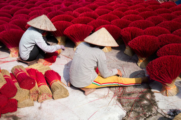 the production of traditional Vietnamese incense at the workshop in a village near Hanoi city, Vietnam.