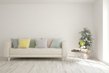 Stylish room in white color with sofa. Scandinavian interior design. 3D illustration