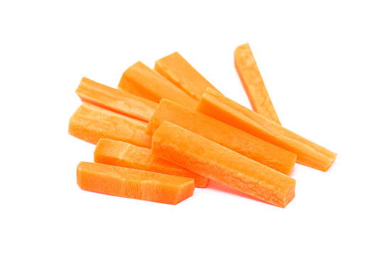 Carrot Sticks, raw Carrot slices isolated on white Background	