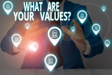 Conceptual hand writing showing What Are Your Values Question. Concept meaning asking someone about his good qualities Male wear formal suit presenting presentation smart device