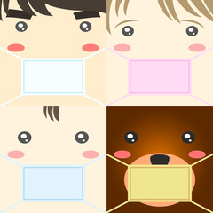 Vector illustration of man, woman, baby and teddy bear with masks in flat design style