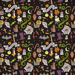 Naklejka premium Halloween seamless pattern . Hand drawn background. Pattern with pumpkin, bat, spider, potion. Sketch vector illustration.
