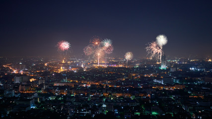 firework festival with cityscape of bangkok thailand