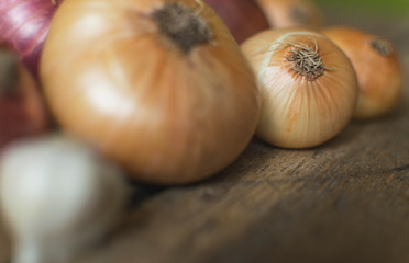 Selective focus of organic onion on wooden table.
