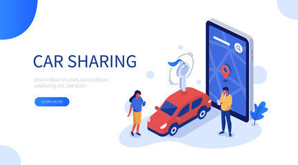 People Characters Using Car Sharing Service for City Transportation. Man and Woman Picking up Carsharing Vehicle. Modern Auto Rental and Shared Mobility Concept.  Flat Cartoon Vector Illustration.