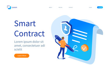 Smart Contract Banner Template. Man Character Signing Digital Signature at Online Business Contract. Data Protection and Privacy Policy Concept. Flat Isometric Vector Illustration.