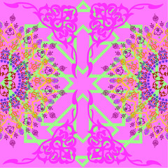  Bright abstract pattern. Oriental ornament on a geometric lilac background.