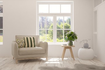 Mock up of stylish room in white color with armchair and green landscape in window. Scandinavian interior design. 3D illustration