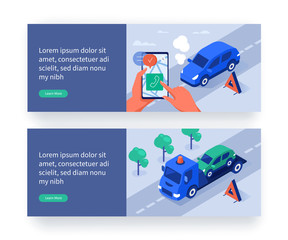 Obraz na płótnie Canvas Man Calling to Service Center after Car Accident. Auto Insurance and Car Assistance Web Banner Template. Vehicle Repair and Towing Services Concept. Flat Isometric Vector Illustration.