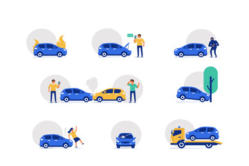 Car Crash Accident on the Road Icons Set.  Drivers standing near Damaged Vehicles. Automobile with Broken Windshield. Different Auto Collision Scenes. Flat Cartoon Vector Illustration. - obrazy, fototapety, plakaty