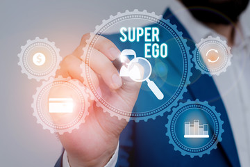 Text sign showing Super Ego. Business photo showcasing The I or self of any demonstrating that is...
