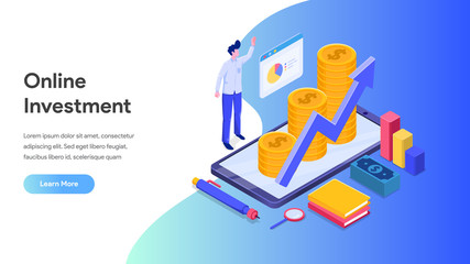 Online Investment with Mobile phone Concept. Financial technology and Business investment Isometric Illustration. Template for anding page, template, ui, web, homepage, poster, banner, flyer