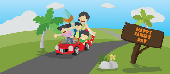 Cartoon style illustration family trip. Father, mother, Daughter and son traveling by red car beautiful meadow landscape surf and the clear sky. With sign board happy family day.