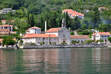 Fototapeta na wymiar View of the Church and Monastery of St. Nicholas in Prcanj, Montenegro