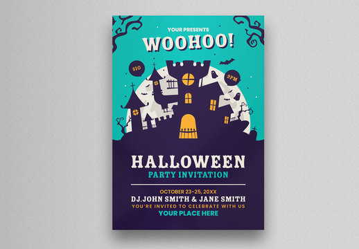 Halloween Party Flyer Layout with Ghost Castle Illustration