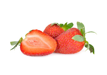 whole and half cut fresh ripe strawberry with leaf on white background