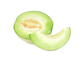 half cut ripe melon with seeds on white background