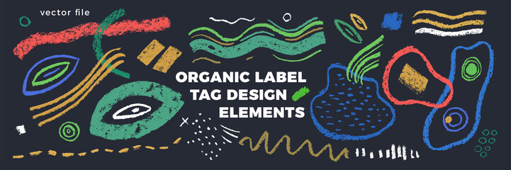 Organic label tag elements on gray background with vector vegan icons, nature abstract signs, natures logo, veganism symbols, organic banner template for trendy design of healthy food, eco-product