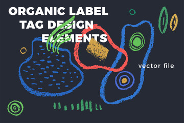 Organic label tag elements on gray background with vector vegan icons, nature abstract signs, natures logo, veganism symbols, organic banner template for trendy design of healthy food, eco-product