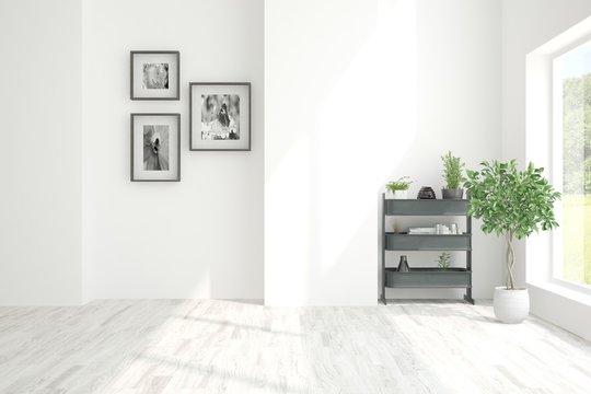 Empty room in white color with home decor. Scandinavian interior design. 3D illustration