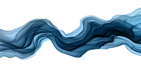 Fototapeten Abstrakte Pinselfarbe mit flüssiger Flüssigkeitswelle, die in marineblauen Farben fließt, isoliert auf weißem Hintergrund © korkeng