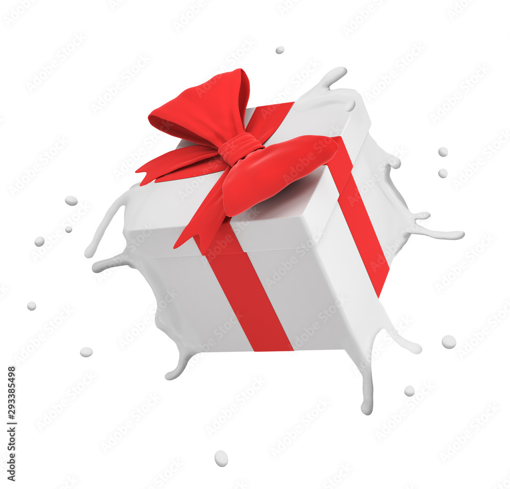 Poster 3d rendering of white gift box with red ribbon splashing isolated on white background