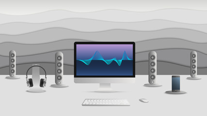 Music studio at home or in the office. Workplace concept, cozy room for freelance job. Vector illustration