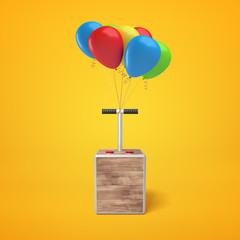 3d rendering of colorful balloons with tnt detonator box on yellow background