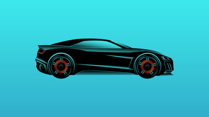 Simple design  black sport car. Template vector isolated car on blue background, isolated, side view. Vector illustration.