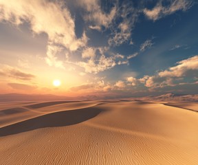 Sand desert at sunset under the sky with clouds. - obrazy, fototapety, plakaty