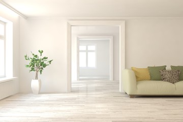 Stylish room in white color with sofa. Scandinavian interior design. 3D illustration