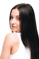 Fototapeta premium brunette beautiful woman with long straight healthy and shiny hair isolated on white
