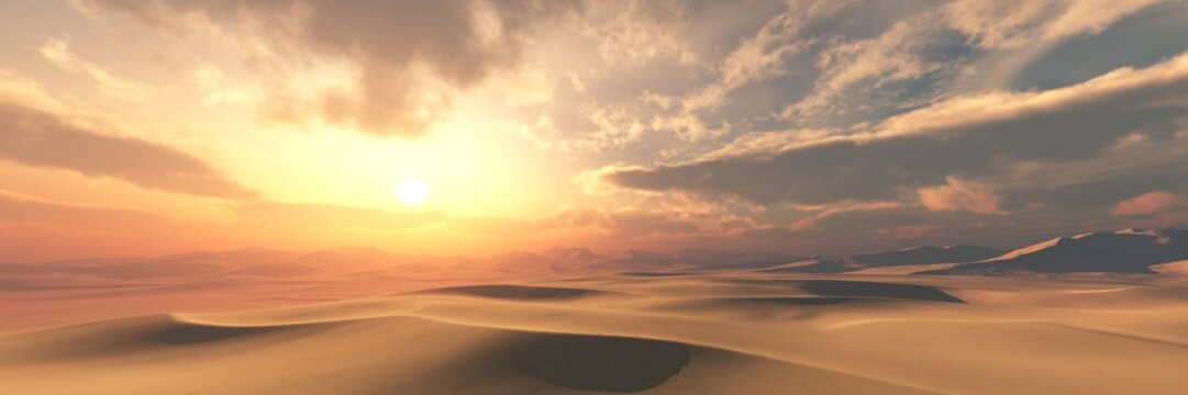 Sand desert at sunset under the sky with clouds. © ustas