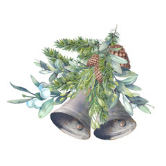 Christmas bells. Watercolor holiday illustration isolated on white background. Floral decorative element: snowberry, fir, pinecone