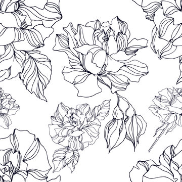 Vector Rose floral botanical flowers. Black and white engraved ink art. Seamless background pattern. © LIGHTFIELD STUDIOS
