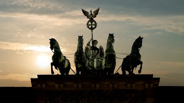 The Quadriga of Apollos Carriage on Brandenburg Gate, Time Lapse at Sunrise with Colorful Sky, Berlin, Germany