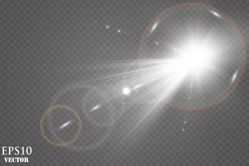 Sunlight on a transparent background. Glow light effects.Star flashed sequins. Sun glare on transparent background. the lens sparkles.Vector transparent sunlight special lens flare light effect.
