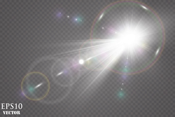 Sunlight on a transparent background. Glow light effects.Star flashed sequins. Sun glare on transparent background. the lens sparkles.Vector transparent sunlight special lens flare light effect