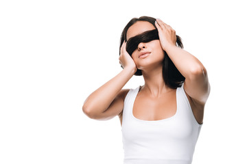 brunette beautiful woman with long straight healthy and shiny hair on eyes isolated on white