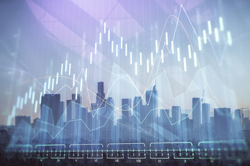 Forex chart on cityscape with skyscrapers wallpaper double exposure. Financial research concept.