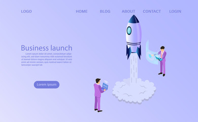 businessman start to launch a space rocket. Business start up concept. Flat 3d isometric