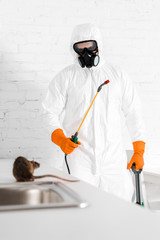 selective focus of exterminator with toxic spray in hand looking at rat near sink
