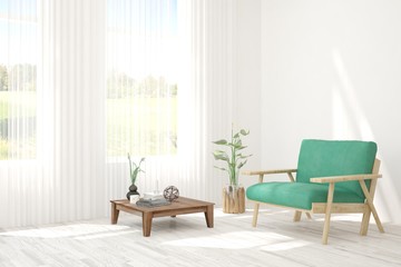 Stylish room in white color with armchair. Scandinavian interior design. 3D illustration