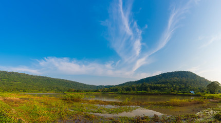 Landscape of the dam and lake on the mountain with tree and forest and beautiful blue sky and clouds on sunshine day