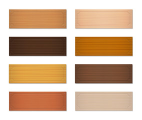 Wooden nameplates, blank nametags, oblong badges. Set with different colors and textures from various trees, different models. Isolated vector illustration on white background.