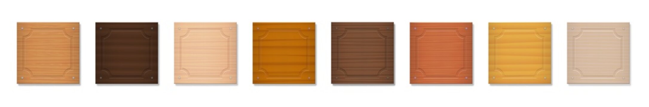 Wooden badges, square format nameplates, blank nametags. Collection with different colors and textures from various trees - brown, dark, gray, light, red, yellow, orange - vector on white background.
